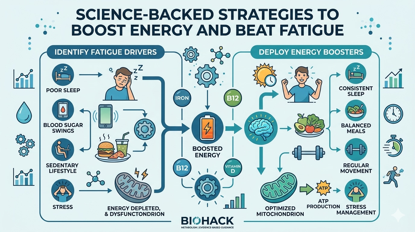 A scientific infographic titled 'SCIENCE-BACKED STRATEGIES TO BOOST ENERGY AND BEAT FATIGUE,' illustrating the metabolic pathways from fatigue to vitality, including cellular-level diagrams of mitochondria.
