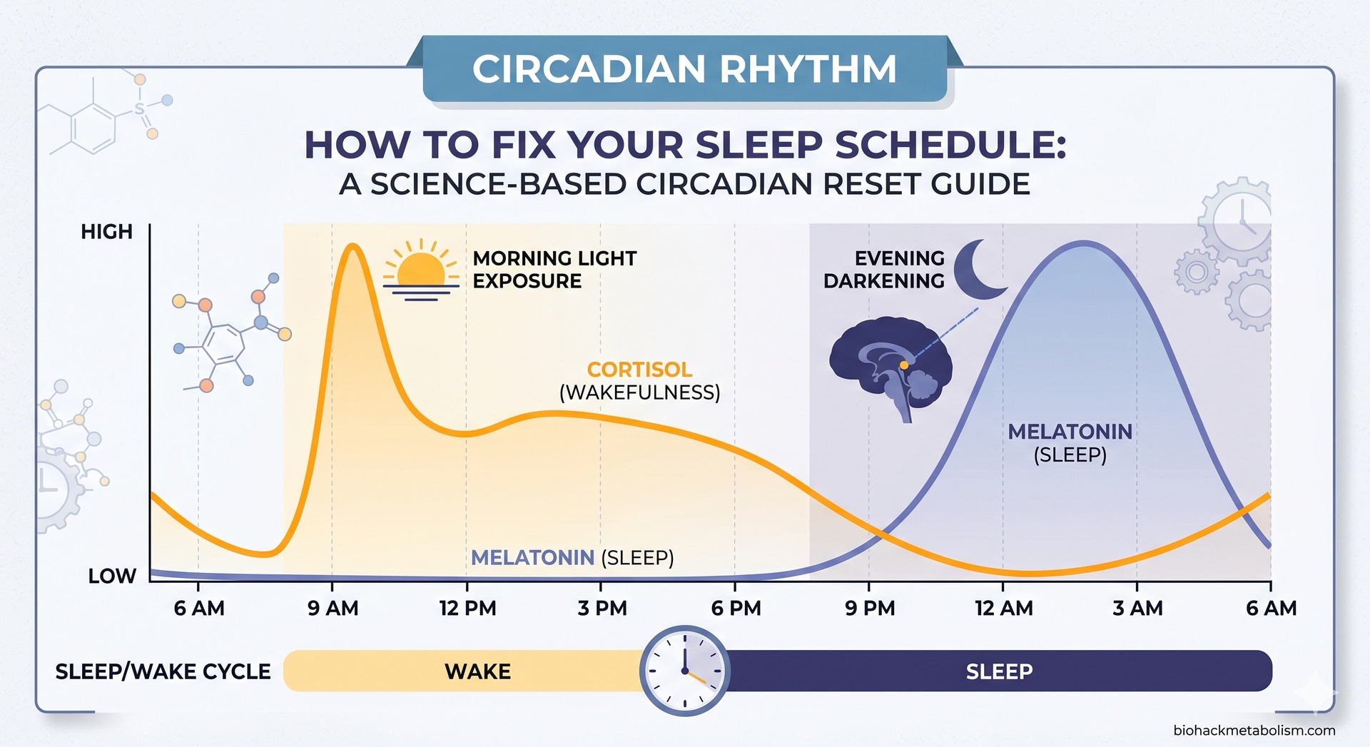 A science-based infographic titled 'How to Fix Your Sleep Schedule' showing a 24-hour circadian rhythm graph. The chart illustrates a yellow line for Cortisol peaking in the morning around 9 AM and a blue line for Melatonin rising sharply after 9 PM. Icons for morning sunlight, a brain highlighting the pineal gland, and a sleep/wake cycle bar at the bottom provide visual context against a clean, professional background.