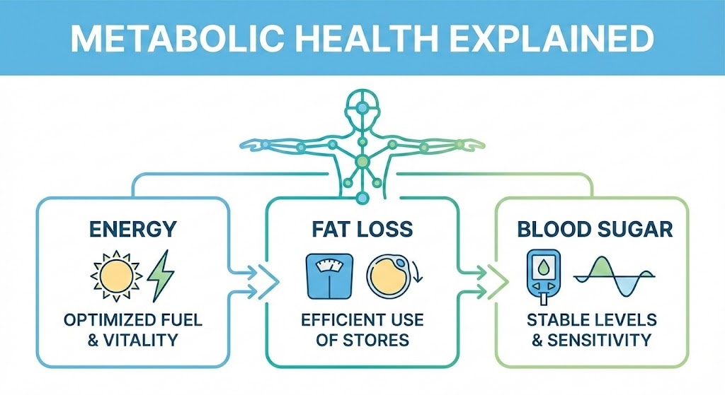 Diagram showing the key components of metabolic health including energy production, fat metabolism, blood sugar regulation, and insulin sensitivity.