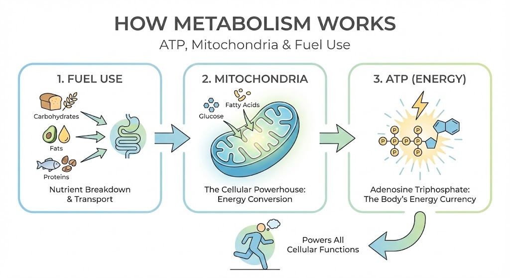 Infographic explaining metabolism through ATP, mitochondria, and fuel use.