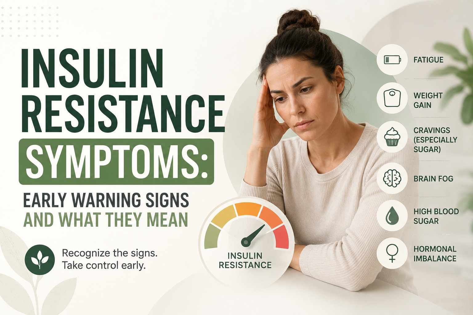 Hero banner for the article showing a fatigued woman next to a stylized insulin-resistance gauge pointed at the high-risk zone, surrounded by six commonly searched symptoms: fatigue, weight gain, sugar cravings, brain fog, high blood sugar, and hormonal imbalance.