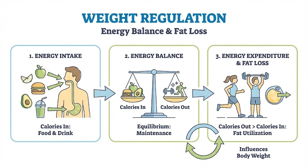 Infographic showing how the balance between calories consumed (energy intake) and calories burned (expenditure) dictates weight maintenance versus fat loss.